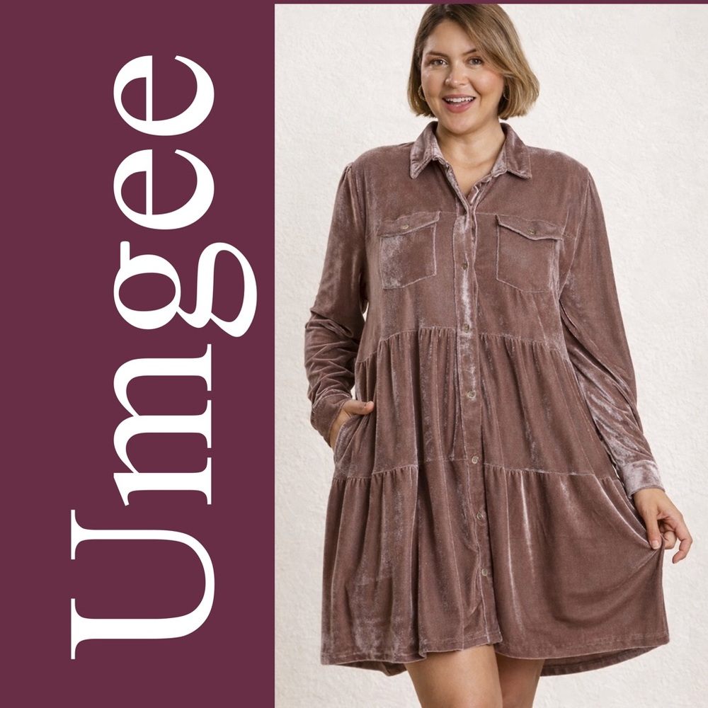 NWT Umgee + Velvet Tiered Shirt Dress Almond Color 1XL Long Sleeve Button Down
